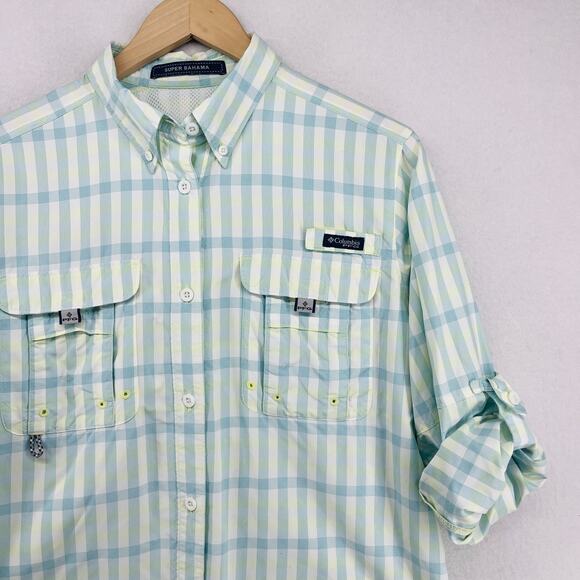 COLUMBIA Top Womens M PFG SUPER BAHAMA Plaid Roll Tab Fishing Button Down White - Picture 9 of 16